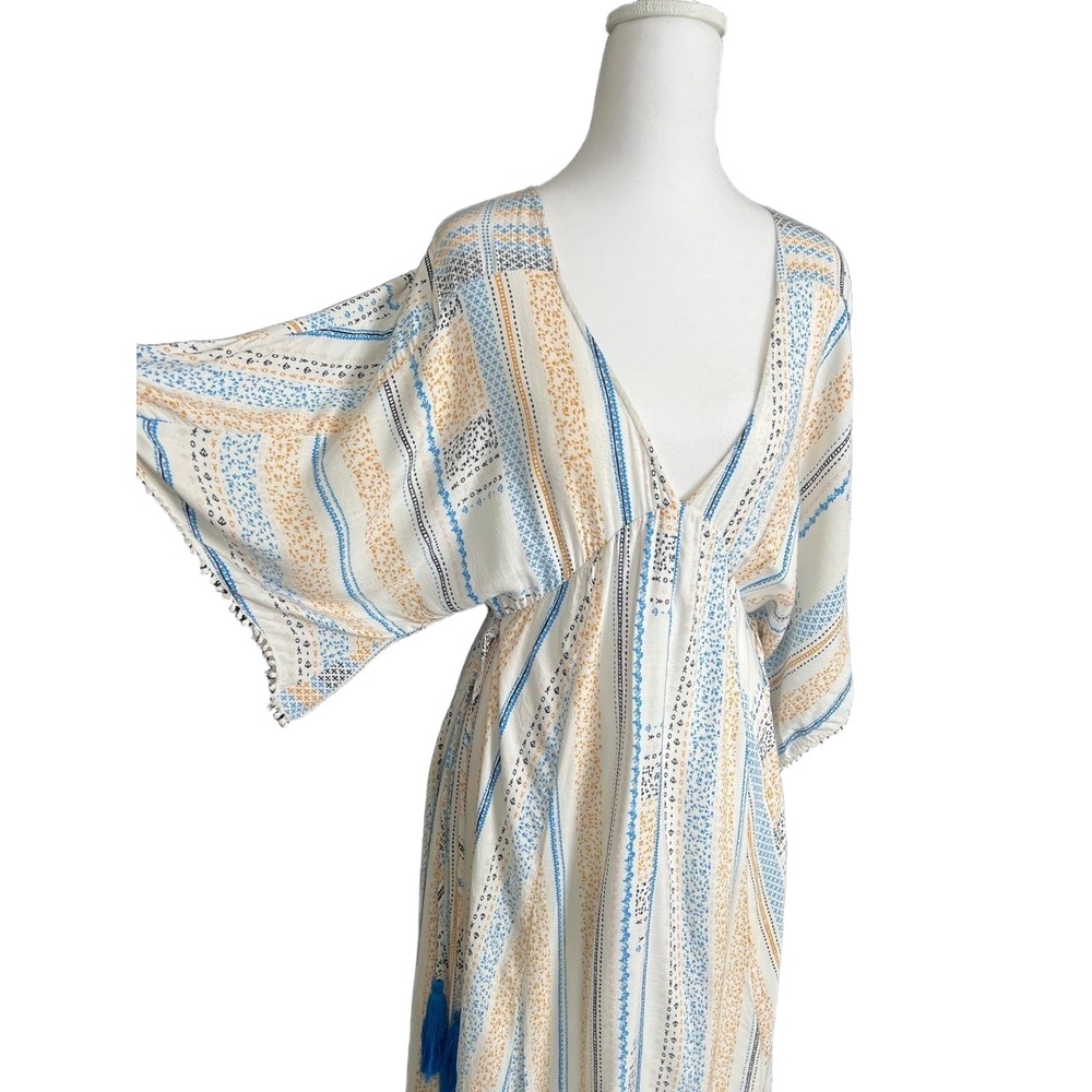 Lulus Dress Boho Small Bohemian Striped Kaftan Tassels Flowy‎ Midi Vneck